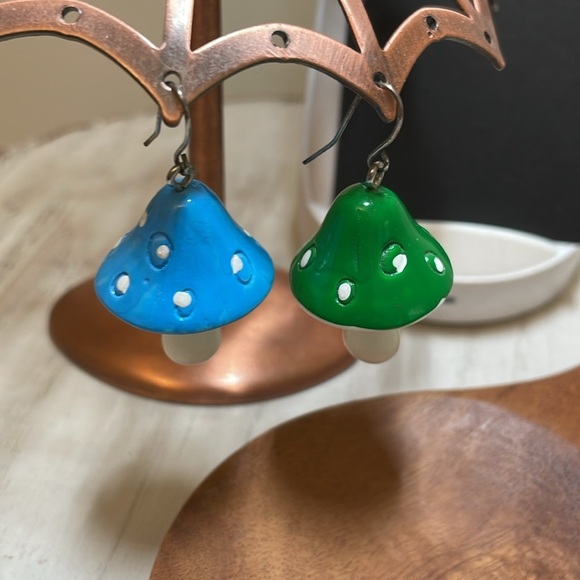 Novelty | Blue & Green | Resin | Mushroom Earrings | Mismatched | Funky| Dangle - Picture 6 of 10